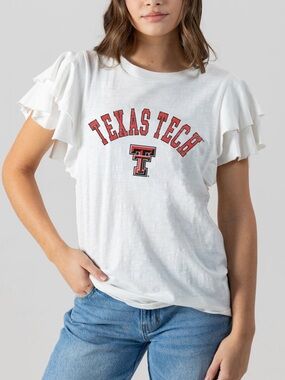Texas Tech White Ruffle Sleeve womens T‑Shirt - game day couture